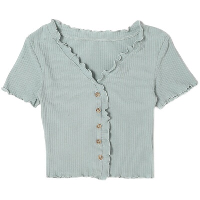 木耳边开衫短袖t恤短款露脐上衣