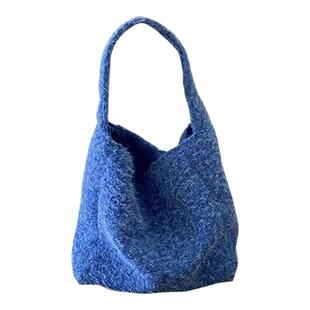 韩系慵懒风毛绒蓝色包包女大容量通勤百搭腋下包托特包手提单肩包