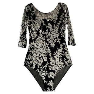 芭蕾舞蹈练功服形体服圆领长袖成人丝绒烧花体操服连体紧身衣白色