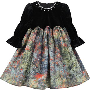 女童公主裙秋冬2025新款洋气儿童黑色丝绒礼服裙女孩赫本风连衣裙