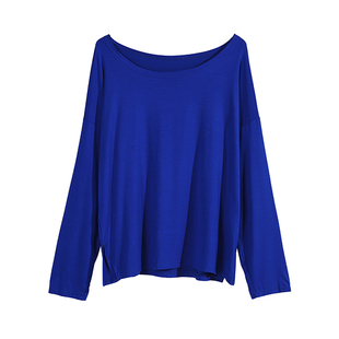 设计感克莱因蓝t恤女露肩长袖莫代尔一字大领口宝蓝斜肩上衣宽松