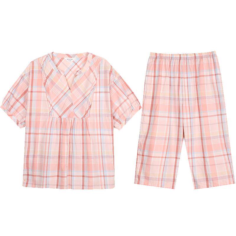 秋鹿【断码清仓】新款睡衣女春夏季纯棉格子短袖七分裤薄家居服