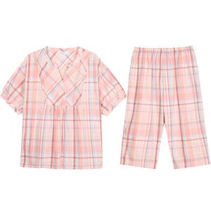 秋鹿【断码清仓】新款睡衣女春夏季纯棉格子短袖七分裤薄家居服