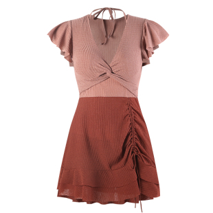 UU温泉泳装/复古显白钢托聚拢飘袖连体裙式游泳衣女遮肚显瘦度假