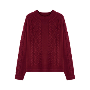 小禾【圣诞屋】100绵羊毛阿兰花绞花针法罗纹袖口节日感毛针织衫