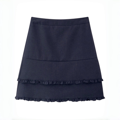 黑色木耳边高腰显瘦A字半身裙