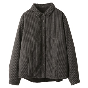 园园美衣复古色织竖条纹夹棉衬衫外套女秋冬文艺单排扣翻领棉服