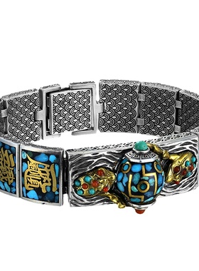 金蟾献宝转动天然绿松石纯银手链