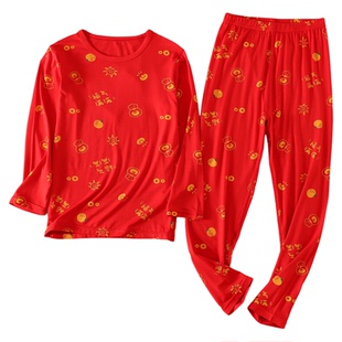 儿童红色内衣套装男童女童本命年莫代尔秋衣秋裤马年大红睡衣12岁