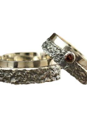 天然石榴石锤纹纯银结婚对戒戒指