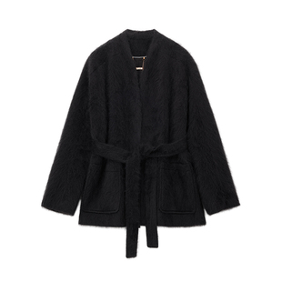 PRE PREWORKS山羊绒拉绒经典浴袍式V领系带毛呢大衣 绵羊毛外套