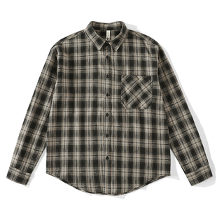 LUUD 100%纯棉长袖格子衬衫撞色翻领春秋薄外套下摆弧形怀旧寸衣