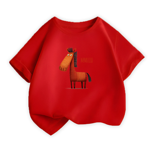 儿童红色短袖T恤马年卡通马图案时尚男童圆领女童宝宝上衣亲子装