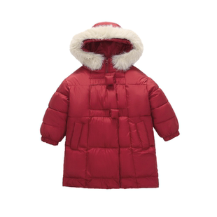 女童红色拜年毛领羽绒服冬季新款加厚白鸭绒收腰显瘦长款新年外套