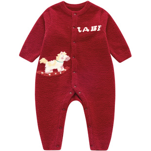 拉比婴儿连体衣半边绒保暖长袖新生儿红色爬服宝宝秋冬哈衣可外穿