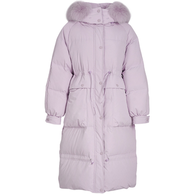大狐狸毛领中长款紫色鹅绒羽绒服