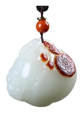 和田玉童子寿桃把件男女白玉黄皮