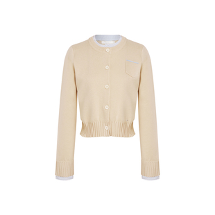 卢昱晓同款 Kroche 撞色假两件拼接 羊毛短款针织开衫外套