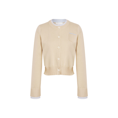 羊毛混纺假两件拼接短款针织开衫