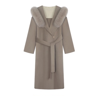 羊毛白色狐狸毛领连帽双面呢外套女系带羊绒大衣雪后初霁长款气质