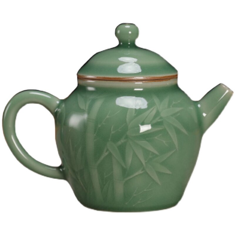 弟窑梅子青陶瓷手工制作刻花茶壶