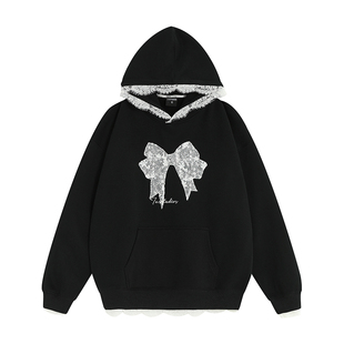 INSstudios 国潮牌情侣美式蕾丝蝴蝶结连帽卫衣宽松重磅加绒帽衫