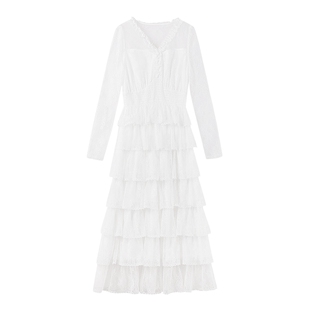 MISSCOCOON可可尼白色蛋糕裙女2025秋季新款V领荷叶边蕾丝连衣裙