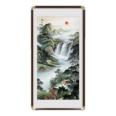 旭日东升山水画玄关装饰画进门入户流水生财挂画聚财竖版客厅壁画