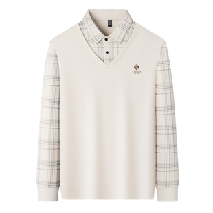 啄木鸟男士假两件纯棉长袖t恤春秋中年爸爸装宽松打底翻领polo衫