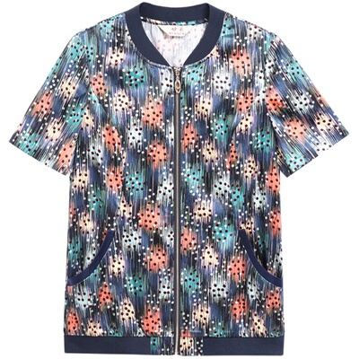 妙采旗舰店中老年真丝短袖女时尚减龄洋气拉链桑蚕丝T恤女气质