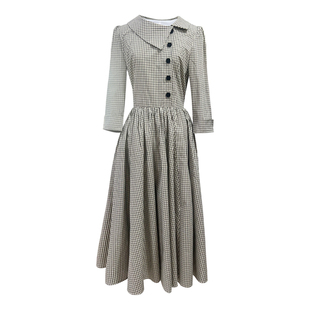 JUJU定制赫本风格子连衣裙女秋季复古高级感裙子长袖大摆裙春秋