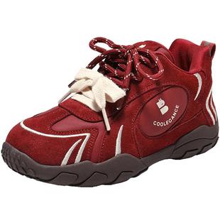 百丽高帮加绒红色新年阿甘鞋中童鞋棕色德训鞋商场保暖鞋28805D95