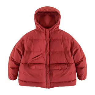 知笔墨2025冬日标95大朵白鹅绒红色加厚连帽宽松羽绒服女