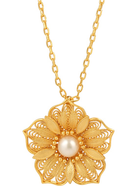 非遗花丝镂空五福花朵珍珠银项链