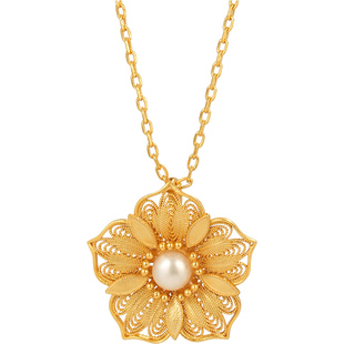 五福花朵珍珠银鎏金项链非遗花丝镂空新中式国风小黄花银项坠吊坠