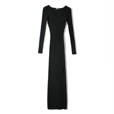 辣妹V领开衩针织包臀连衣裙打底