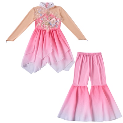 儿童古典舞蹈服女童扇子中国舞古风飘逸落花舞蹈演出服套装分体式