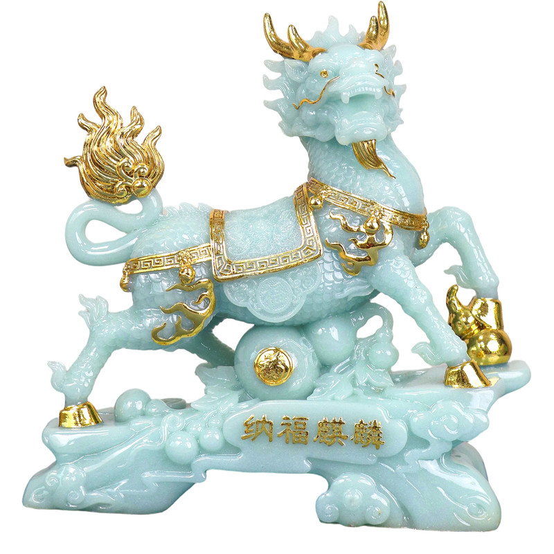 玉石鎏金麒麟招财纳福摆件一对