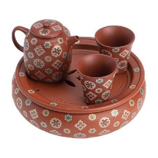 苏氏陶瓷(SUSHI CERAMICS)紫砂朱泥宝相花四方茶壶茶具套装