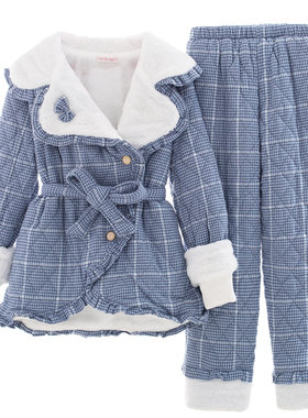冬季三层夹棉加绒厚格子家居服