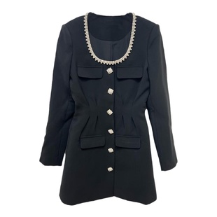 冬季新款女装长袖连衣裙超火黑色气质修身显瘦手工订钻短裙小洋装