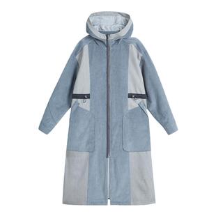 unbleu夹棉外套女冬装棉衣蓝色灯芯绒连帽中长款设计感休闲棉服女