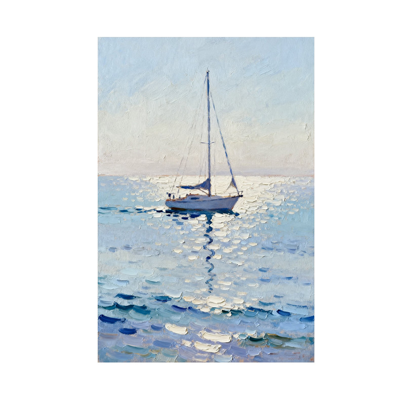 可班手绘油画蓝海帆船玄关装饰画