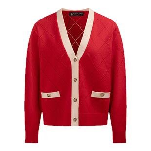 【新年马上旺】暇步士女装秋冬红色羊毛衫菱格V领显瘦针织开衫女
