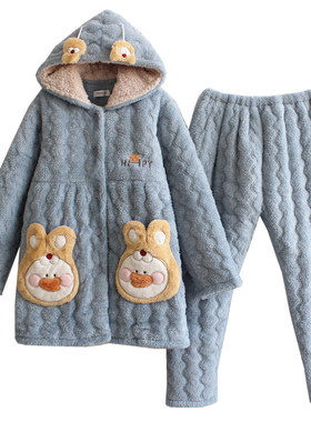 冬季加绒夹棉棉孕妇装连帽月子服