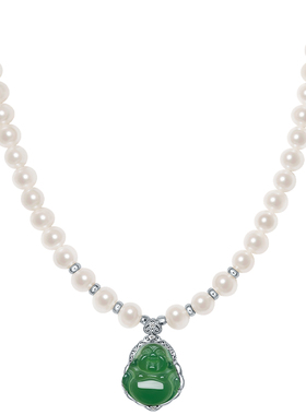 周六福淡水珍珠中国风项链玉髓佛公链坠S925银优雅跨年礼物送女友