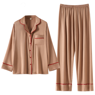 冰丝睡衣情侣装春秋款秋季长袖薄款家居服女仿真丝绸丝质男套装夏