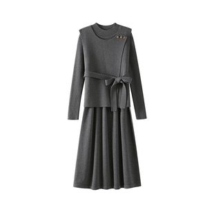 OSA欧莎高级感格雷系套装裙女冬季新款气质显瘦马甲+连衣裙两件套
