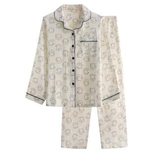 素描小狗睡衣女士春秋夏季纯棉纱布薄款大码长袖开衫家居服套装