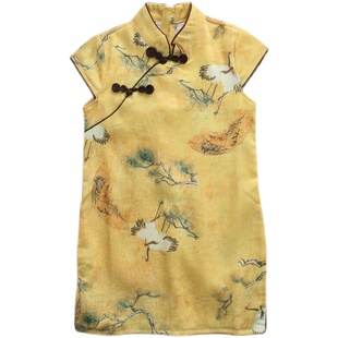 女童旗袍2025夏季新款复古仙鹤短袖连衣裙子周岁儿童演出礼服唐装